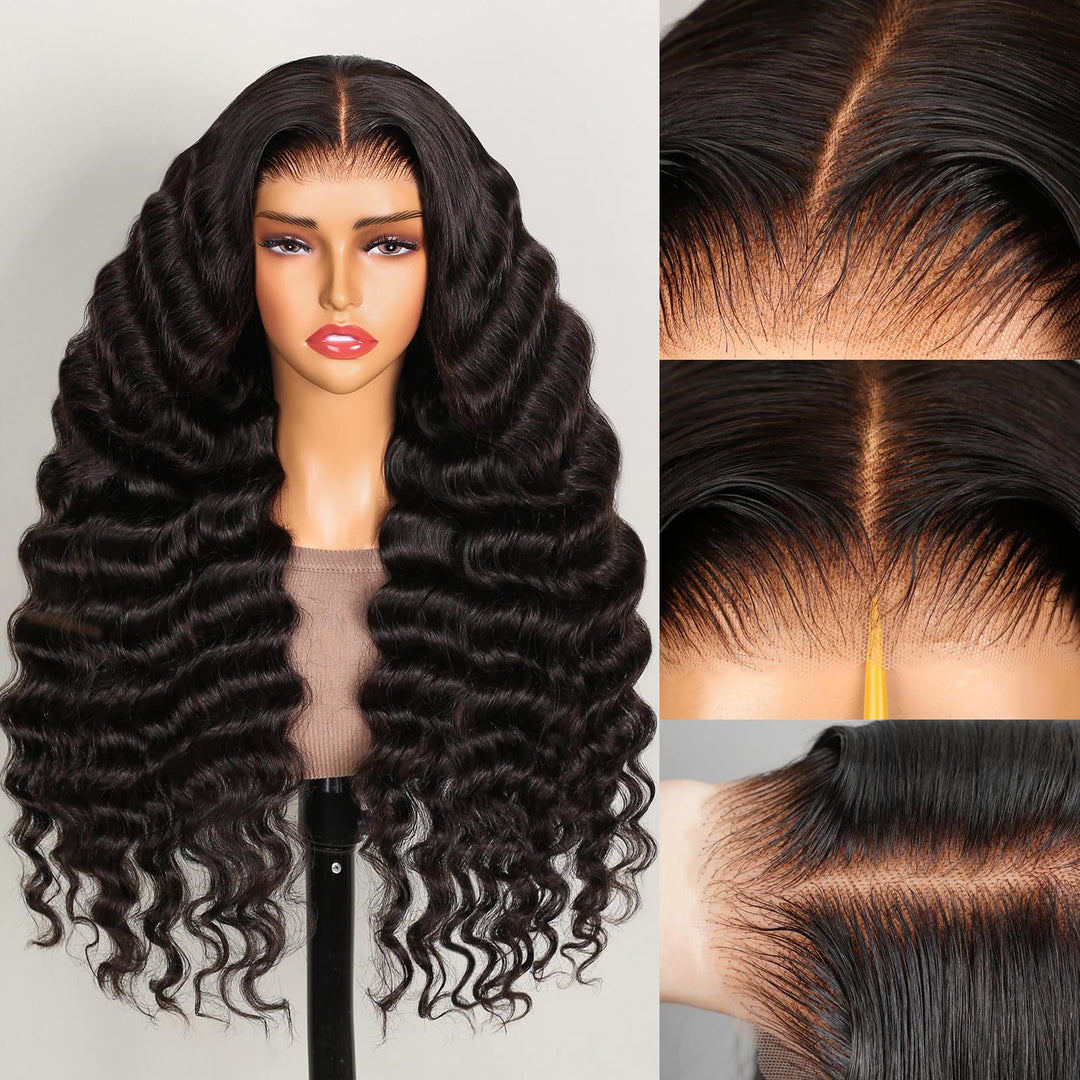 MEGALOOK Wear and Go Glueless Wigs Human Hair Loose Deep Wave Lace Front Wigs Human Hair 12A Glueless Wig Pre Plucked Pre Cut 6x5 Closure Wigs Bleached Knots Loose Curly Wave Wig 220% Density 20 Inch
