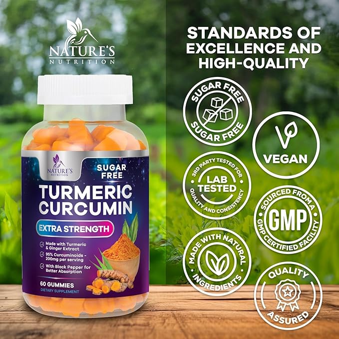 Turmeric Supplement Gummies Sugar Free - Turmeric Curcumin and Ginger Gummies with Black Pepper Extract for High Absorption, Curcumin Gummy for Joint Support, Non-GMO, Gluten Free, 60 Turmeric Gummies