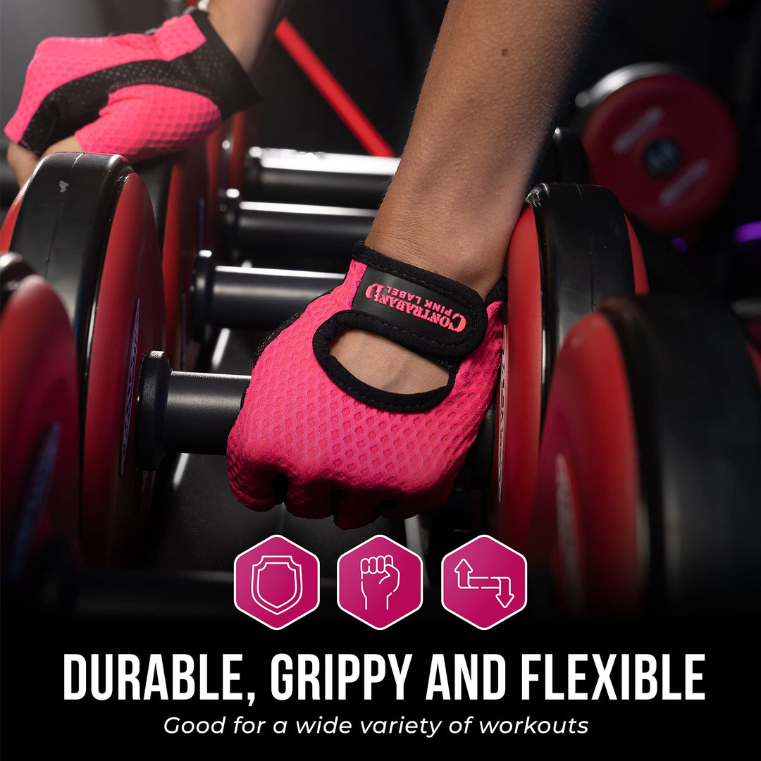 5307 Womens Designer Workout Gloves | Low Sweat Diamond Mesh Fabric w/Grip-Lock™ Silicone Palm (Pink, X-Small)