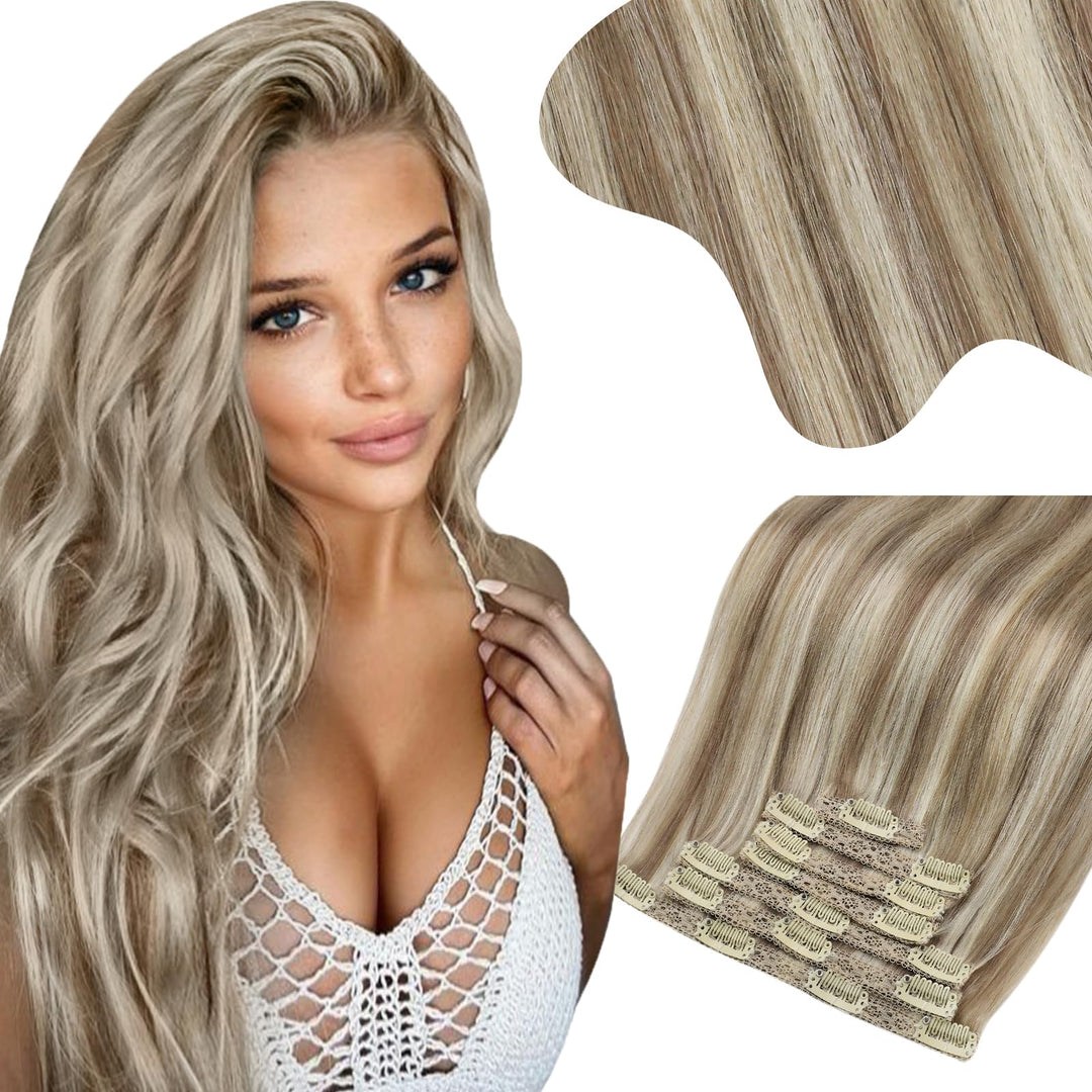 Moresoo Blonde Clip In Hair Extensions Highlight Double Weft Human Hair Extensions Light Brown With Blonde Hair Real Human Hair