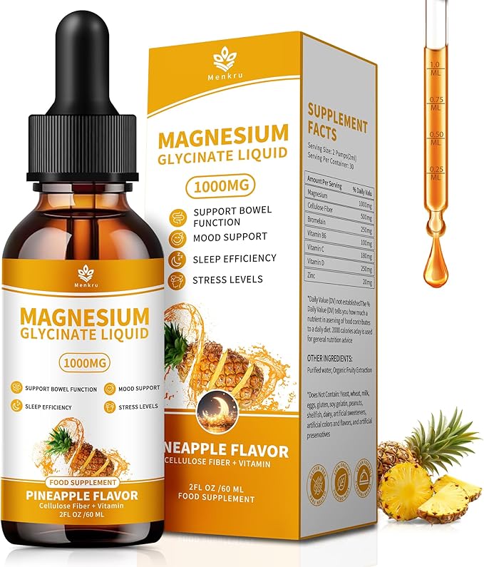Magnesium Glycinate Liquid Drops. High Absorption Magnesium Liquid Supplement, with Cellulose Fiber, Vitamin B6, C, D, Zinc,for Sleep, Nerve, Energy, Muscle, Bone, Calm & Digestion, 2 Fl oz