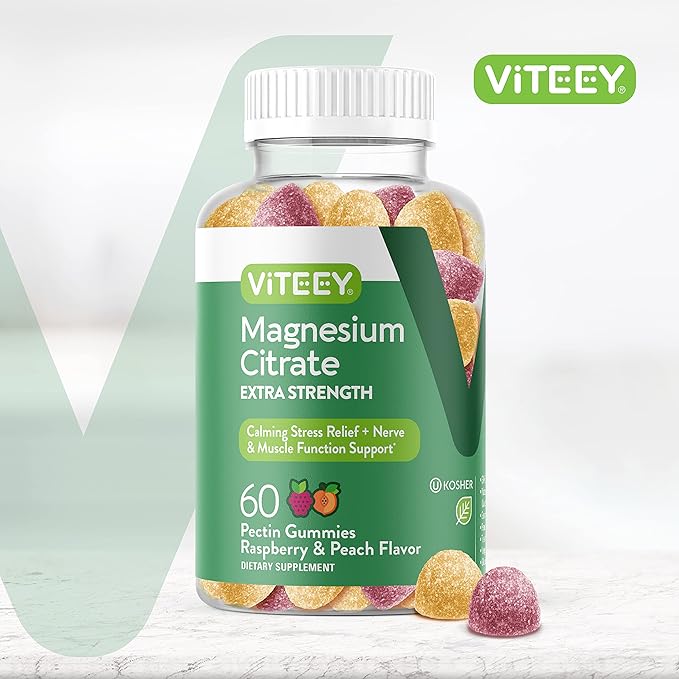 Magnesium Citrate Gummies for Adults & Teens - Extra Strength 170mg, Supports Calm Mood, Optimal Relaxation, Muscle Function - Vegan, Gelatin Free - Tasty Chewable Raspberry & Peach Flavored Gummy