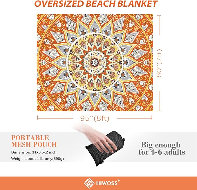 Beach Blanket Waterproof Sandproof Oversized 95”x 80”,Sand Free Beach Mat with Corner Pockets,Portable Mesh Bag for Beach Festival,Picnic,Travel and Outdoor Camping (Orangegrey)