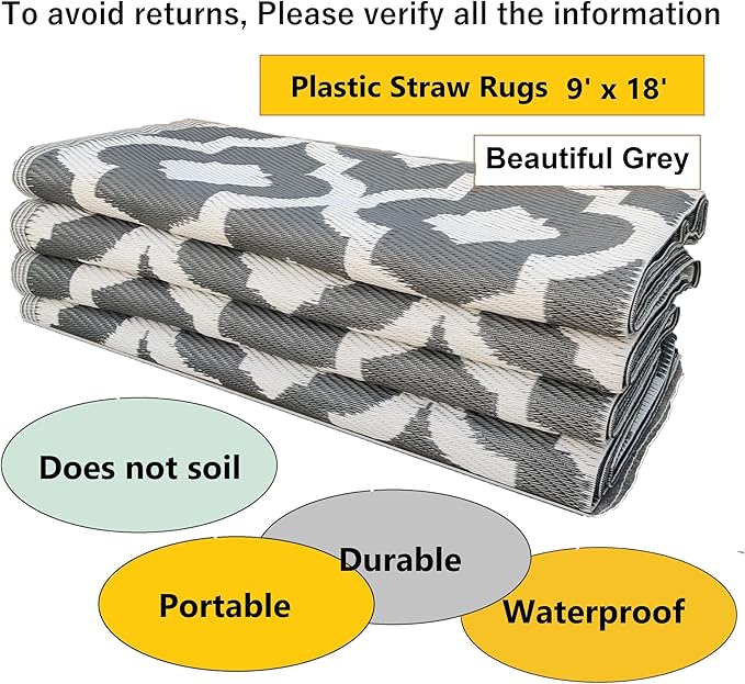 BalajeesUSA Outdoor Rugs 9 by 18 Feet Grey Reversible Recycled Plastic Straw Patio Rugs Waterproof Large RV Camper Awning mat 7070