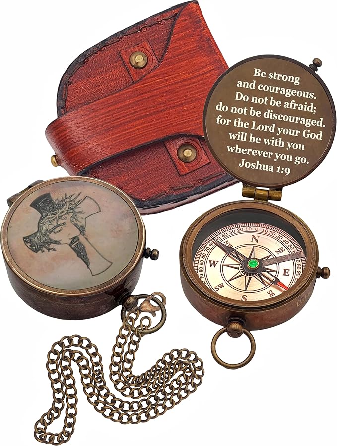 Be Strong and Courageous Brass Religious Compass Gift Confirmation Baptism Easter Christian Catholic Graduation Trekking Adventure Engraved Scripture Prayer Gift for Men Women Teenage Boys Girls