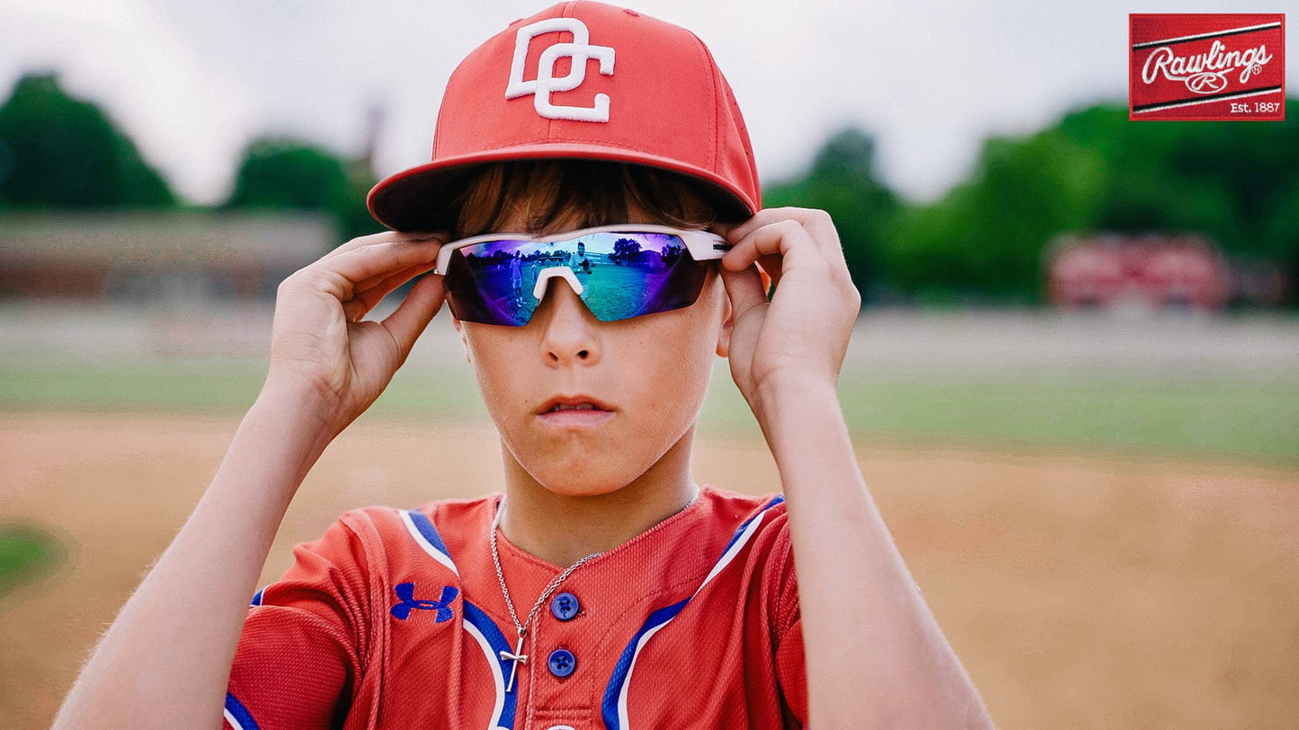 Rawlings 134 Kids Sunglasses for Baseball and Youth Softball Sunglasses - 100% UV Lightweight Poly Lens with Stylish Shield Lenses (White/Blue)