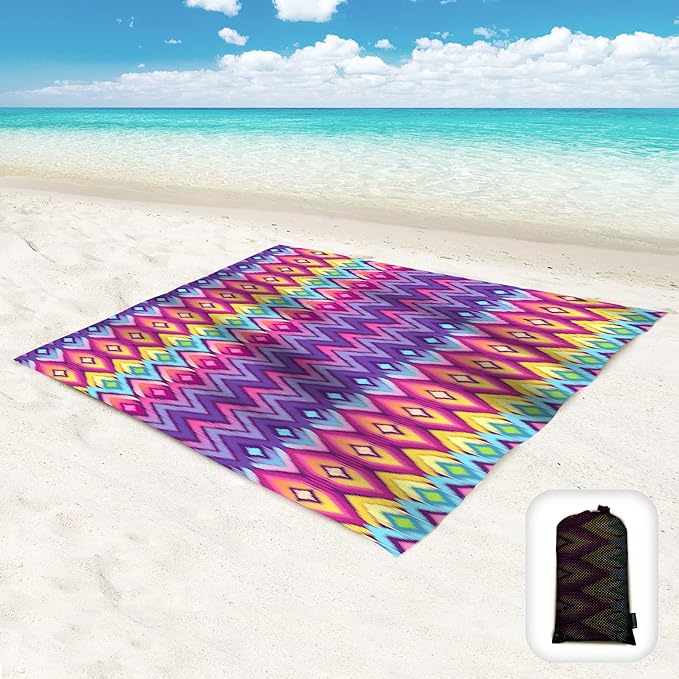 Beach Blanket Waterproof Sandproof Oversized 95”x 80”,Sand Free Beach Mat with Corner Pockets,Portable Mesh Bag for Beach Festival,Picnic,Travel and Outdoor Camping (Neon)
