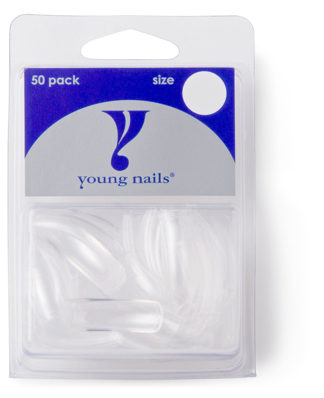 Young Nails Professional False Nail Tips, 50 Pack - Half Cover Acrylic Nail Tips, Easy-Blend Design with Straight Sidewalls, Durable ABS Plastic, Perfect C-Curve, Square Shape - Clear, Size 1