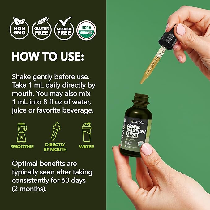 Mullein Drops for Lungs - USDA Organic Liquid - Respiratory Health and Lung Support Supplement - 2 Fl Oz - Vegan, Non-GMO, and Alcohol Free Formula - Daily Herbal Tincture - 2 Month Supply