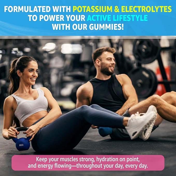 Potassium Citrate Gummies 1666mg for Adults - Potassium Supplement, Magnesium Glycinate, Zinc, B6, B12 & C – Electrolyte Gummies for Energy, Muscle Recovery & Leg Cramps, Sugar-Free, Vegan 60 Cts