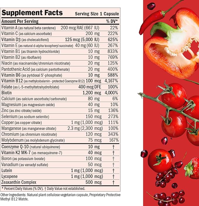 ANDREW LESSMAN Essential-1 Multivitamin 5000 IU Vitamin D3 30 Small Capsules - 100 mcg Methyl B12. CoQ10 Lutein Lycopene Zeaxanthin. High Potency. No Additives. Ultra-Mild. One Daily Capsule
