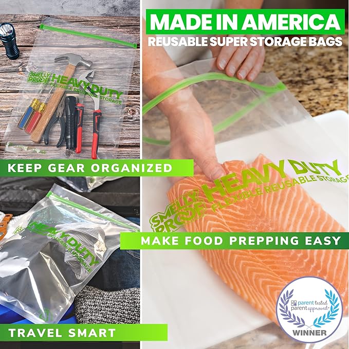 Smelly Proof REUSABLE STORAGE BAGS, Extra Large HEAVY DUTY 5-mils US-Made, BPA FREE, NO PEVA, Dishwasher-Safe Ziplock Reusable Freezer Bags Triple Zip CLEAR FLAT XXL 2-Gallon 12" x 16" - 5pk