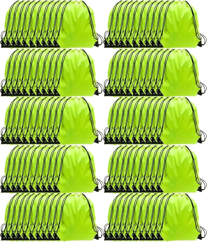GoodtoU Drawstring Backpacks, 100 Pieces Drawstring Bags Nylon Backpack for Sport, Traveling, Team (Fluorescent Green)