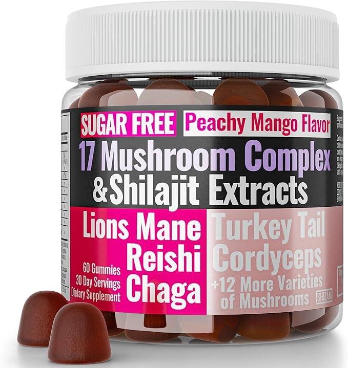 Sugar-Free Shilajit Mushroom Complex Gummies, Mushrooms Extract w. Lion's Lions Mane Reishi Turkey-Tail Cordyceps Shiitake Chaga Maitake Lionsmane Tincture Tea Powder Capsules Supplement Organic