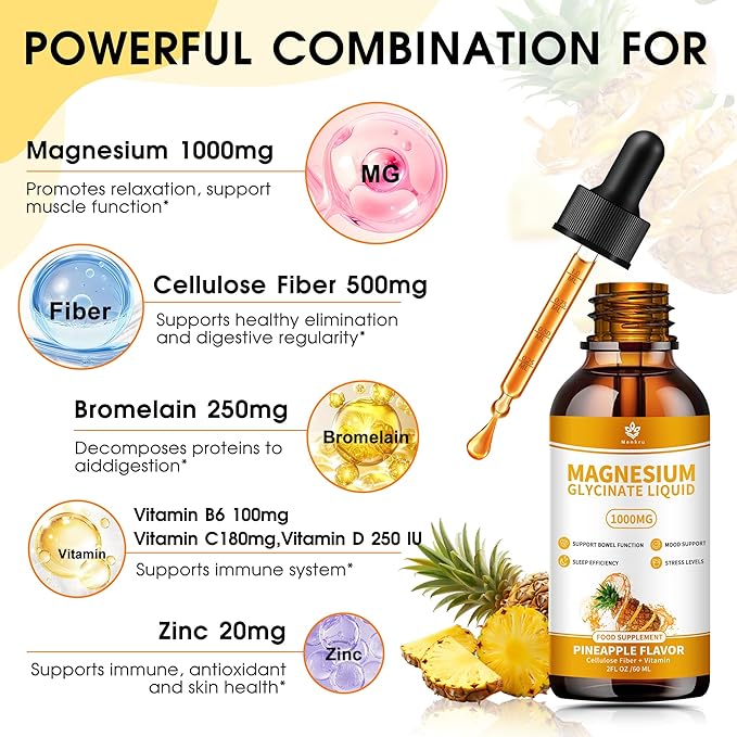 Magnesium Glycinate Liquid Drops. High Absorption Magnesium Liquid Supplement, with Cellulose Fiber, Vitamin B6, C, D, Zinc,for Sleep, Nerve, Energy, Muscle, Bone, Calm & Digestion, 2 Fl oz