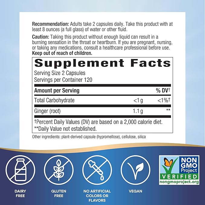 Nature's Way Ginger Root, Promotes Digestive Comfort*, Reduces Motion-Related Nausea*, 1,100 mg Per 2-capsule Serving, Non-GMO Project Verified, Vegan, 240 Capsules