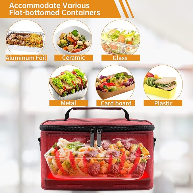 Aotto Portable Oven, Electric Lunch Box Food Heater - 12V/24V/110V 3-in-1 Car Food Warmer - Heated Lunch Box for Adults - Cook, Reheat & Keep Meals Warm for Car, Truck, Travel, Work, Home - Red