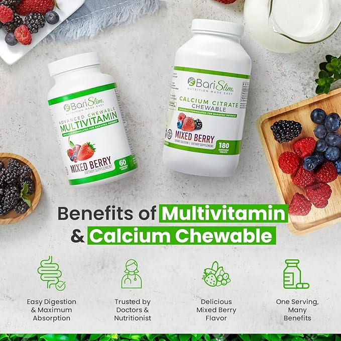BariSlim Bariatric Calcium Citrate & Advanced Chewable Bariatric Multivitamin with Iron - Bariatric Vitamin and Supplement for Post Bariatric Surgery Including Gastric Bypass and Gastric Sleeve