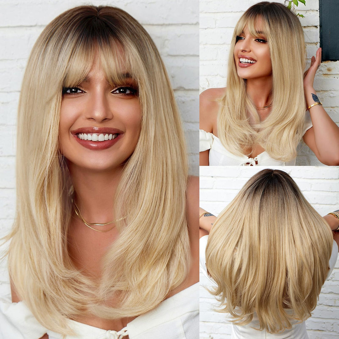 Haircube Ombre Blonde Long Straight Wig With Bangs Dark Root Long Hair With Bangs Natural Appearance Heat-Resistant Synthetic Wi