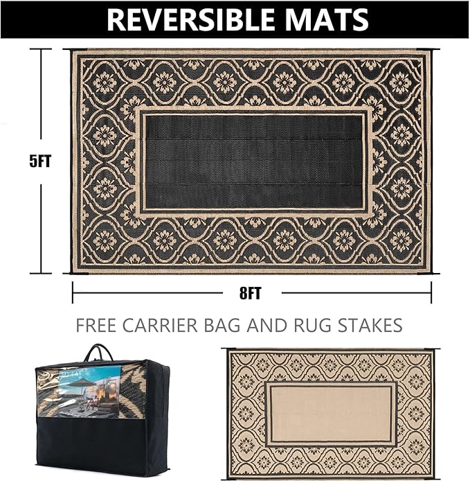 Patio Rug 5'x8' Waterproof Outside Area Rugs Reversible Brown Outdoor Plastic Straw Carpet for RV Deck Camping Entryance Porch Picnic Balcony Beach