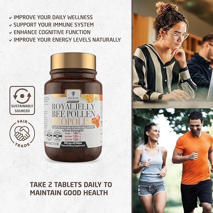 Bee and You Royal Jelly Tablet, Propolis Extract, Bee Pollen, 100% Natural Superfood, Ultra Pure, Immune Support Supplement, Improve Energy, Focus, Antioxidants, Fresh, Keto, Paleo, Gluten-Free | 60ct