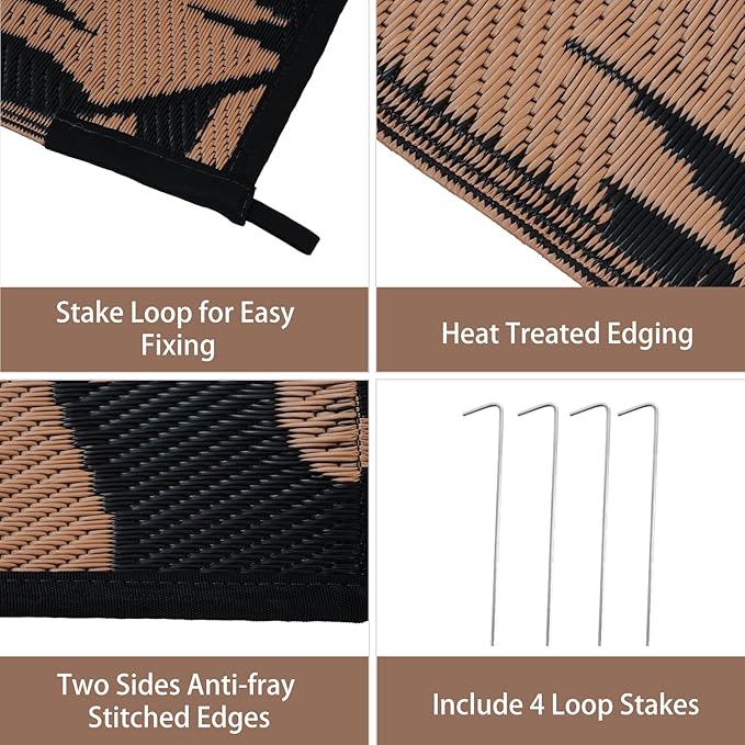 Anidaroel Leaf Outdoor Rugs 6x9ft for Patios Clearance Waterproof, Reversible Tropical Plastic Straw Camping Mat Outside Rug, Large Outdoor Area Rug for RV, Deck, Balcony, Picnic(Black/Brown,6'x9')