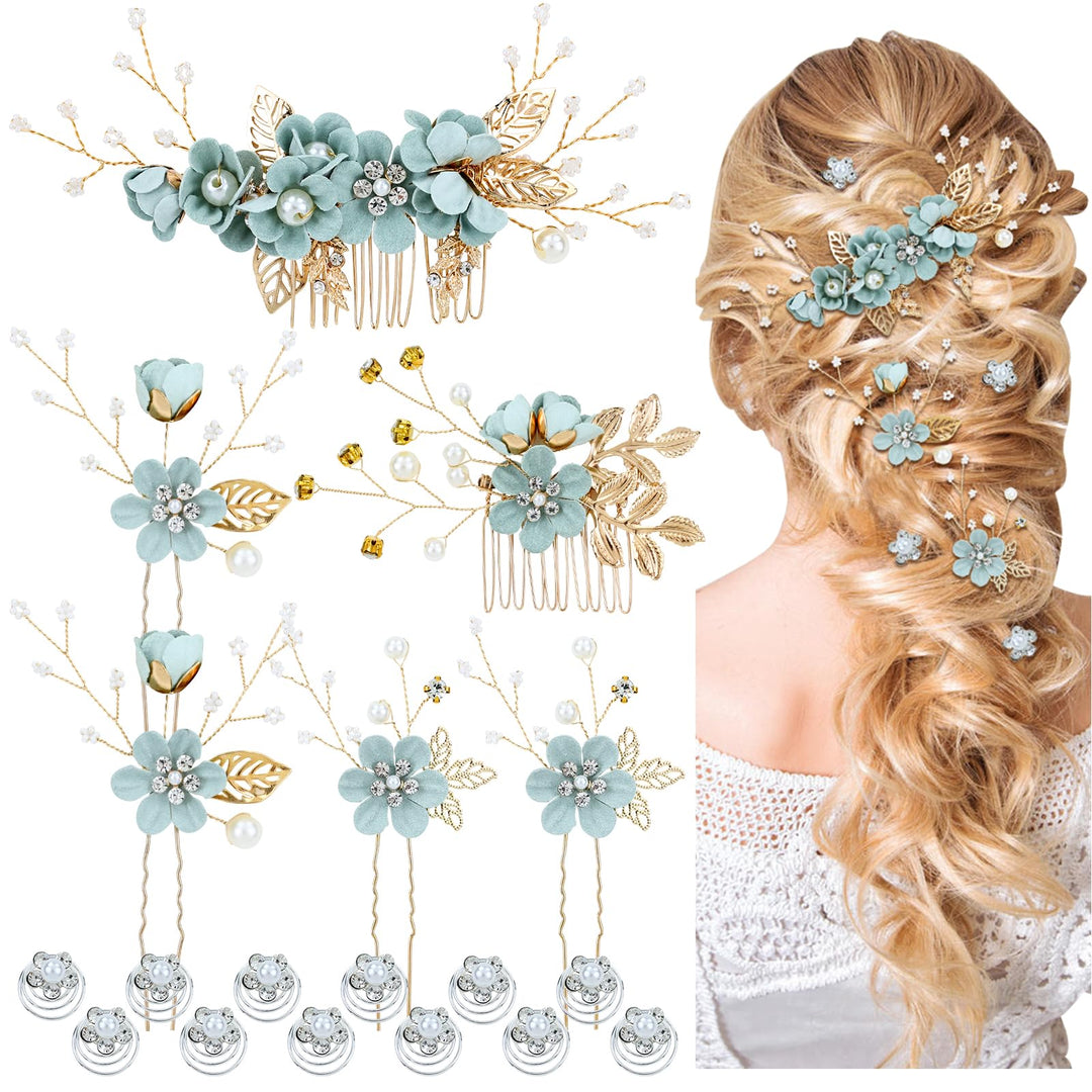 Cinaci 18 Pieces Bridal Wedding Party Prom Pearl Rhinestone Light Green Flower Hair Side Combs Slides+U-shaped Flower Hair Pins+Twist Spiral Hairpins Floral Headpieces for Brides Bridesmaids Women Gir