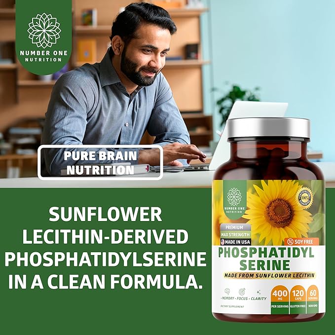 Number One Nutrition Premium Phosphatidylserine 400mg, Derived from Sunflower Lecithin to Help Support Memory, Focus & Cognition Naturally, Soy Free, 120 Veg Caps