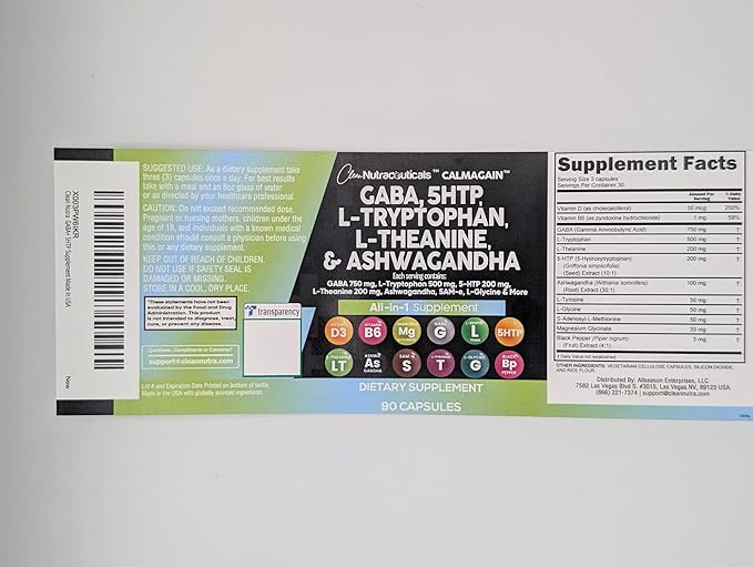 Clean Nutraceuticals GABA 750mg 5 HTP 200mg L Tryptophan 500mg L Theanine 200mg Ashwagandha SAM-e L-Glycine - Mood Support Vitamins for Women and Men with L-Tyrosine 5-HTP (5-Hydroxytryptophan)