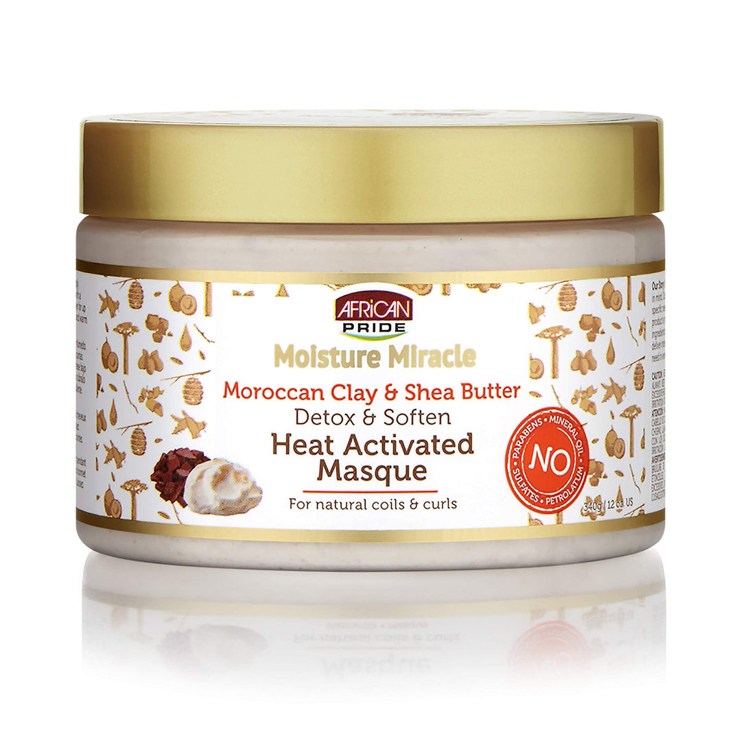 African Pride Moisture Miracle Moroccan Clay & Shea Butter Heat Activated Masque - For Natural Coils & Curls, Detoxes & Softens,