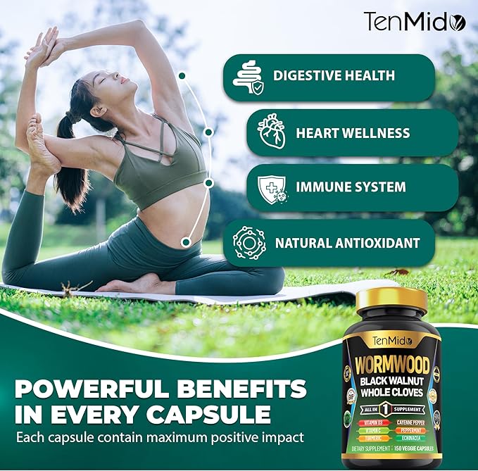 Wormwood Capsules Supplement for Men and Women, 10in1 Formula with Black Walnut, Whole Cloves, Turmeric, Cayenne Pepper & More - Digestive, Immune Support - Nutrient Rich - 150 Capsules