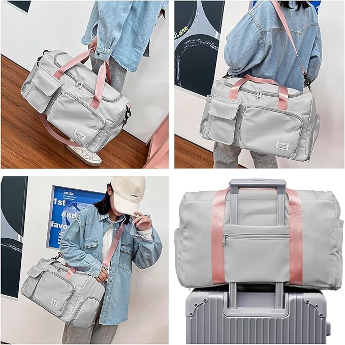 Travel Duffel Bag with Shoes Compartment Sports Gym Bag with Dry Wet Separated Pocket for Men and Women, Overnight Bag Weekender Bag Training Handbag Yoga Bag - Gray Pink