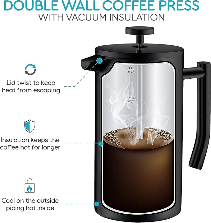 French Press Coffee Maker 34 Oz - Insulated Coffee Press Stainless Steel 304 - Double Wall & 4 Level Filtration System (1 Liter) - Black