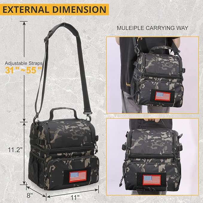 ATRIPACK 2 Compartment Lunch Bag for Men Adult, Tactical Lunch Box Leakproof Insulated Large Cooler Bag for Work with Adjustable Shoulder Strap Flag Double Layer Lunch Pail（Camo-Black）