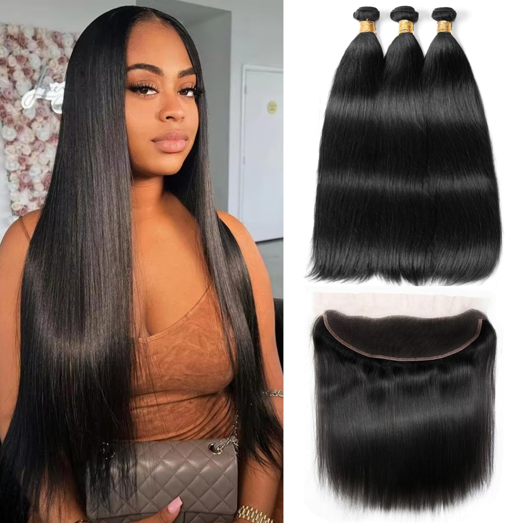 MIRONICA Straight Human Hair Bundles with Frontal 16 18 20 + 14 Brazilian 3 Bundles Deals Human Hair with 13x4 Lace Frontal Free Part 12A 100% Unprocessed Virgin Double Machin Weft Hair Extensions