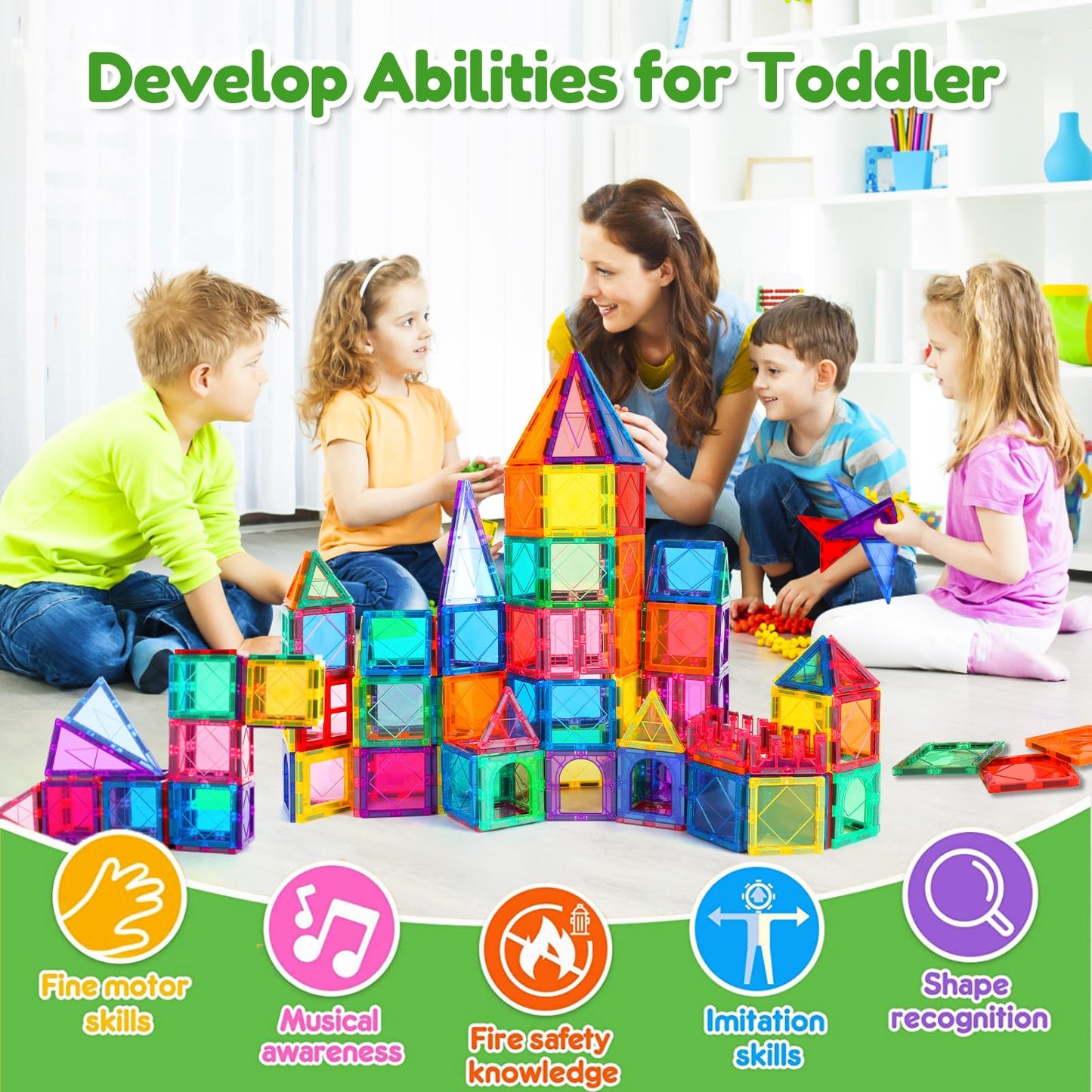 100PCS Magnetic Tiles Building Blocks with 2 Cars Montessori Toys for 3 4 5 6 7 8 Year Old Boys Girls Kids STEM Learning Educational 3D Rainbow Castle Construction Magnet Toys Christmas Birthday Gifts