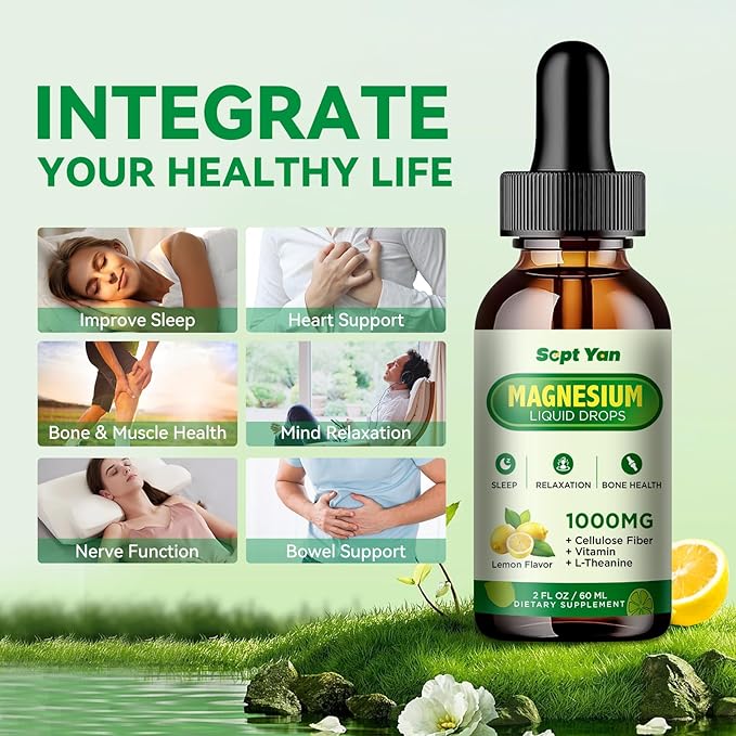 Magnesium Glycinate Liquid Drops, 1000mg Magnesium Glycinate, Citrate & Threonate with Cellulose Fiber, L-Theanine, Vitamin B & C for Sleep, Muscle, Energy & Relaxation, Sugar-Free Lemon Flavor
