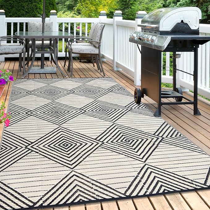 Waterproof Outdoor Rug 6x9ft, Foldable Reversible Plastic Straw Mat for Patio RV Deck Porch Backyard Balcony Camping Picnic Beach Indoor Outdoor Carpet, Black&Beige