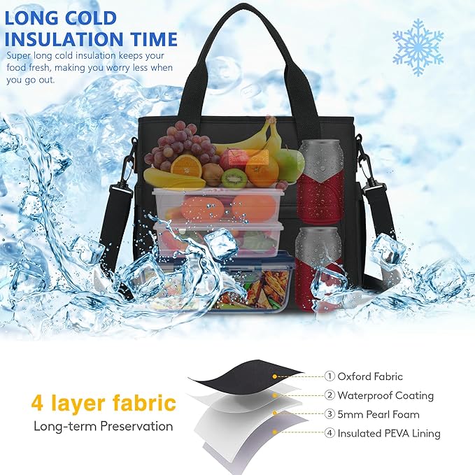 MIYCOO Lunch Bag Lunch Box Men Women - Leakproof Insulated Cooler Bag for Men Women - Large Tote Adults, Black