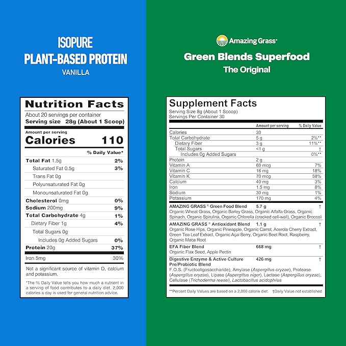 Bundle of Amazing Grass Greens Superfood Powder: Original, 30 Servings + Isopure Vanilla Vegan Protein Powder, Plant Based, Organic Pea Protein, Dairy Free, 20 Servings (Packaging May Vary)