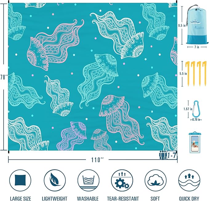 Beach Blanket Sandproof Waterproof 78''×110'' 1-7Adults Oversized,Compact Lightweight Durable Beach Mat for Travel Camping Hiking Picnic Blanket