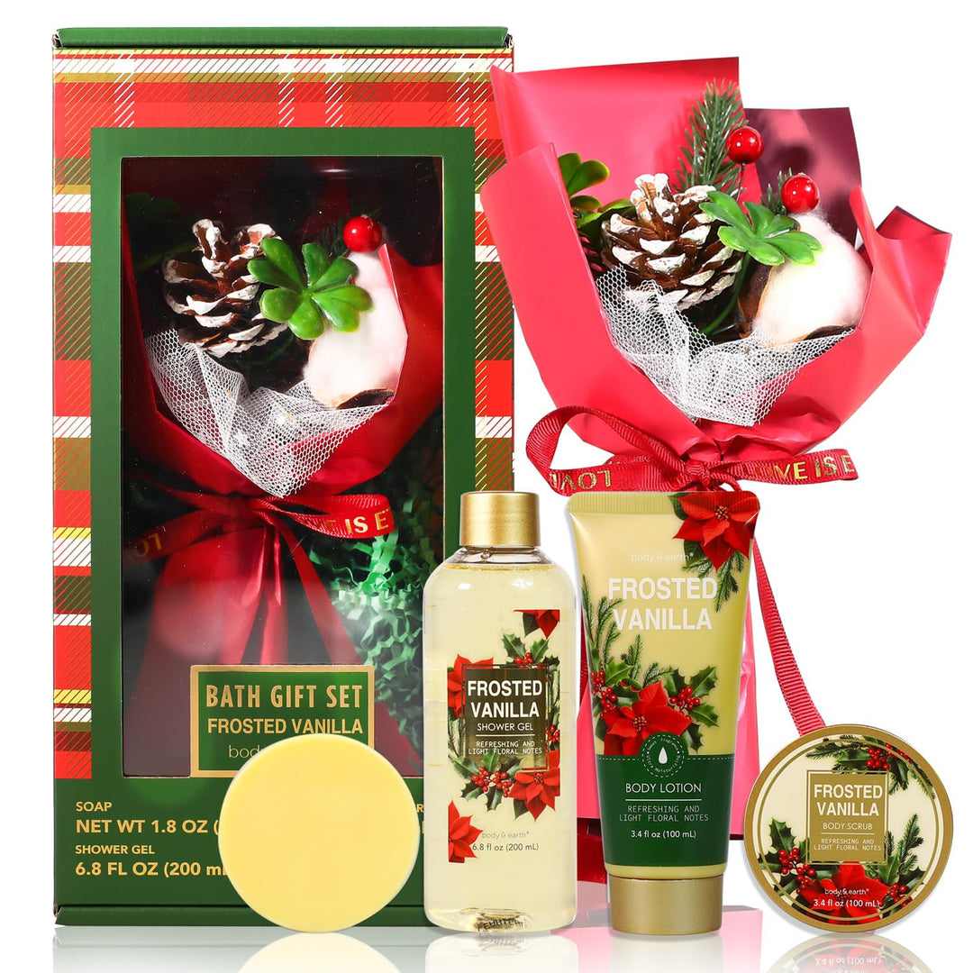 Christmas Day Gifts Spa Set for Her - BODY & EARTH Spa Gift Baskets for Women, 5 Piece Spa Gifts with vanilla Scented Bath Wash, Body Scrub, Body Lotion, Hand Soap