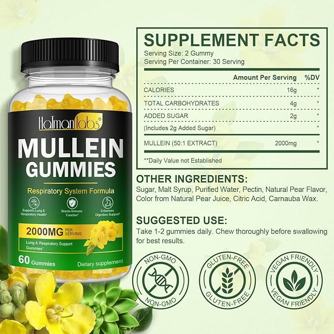 Mullein Gummies for Lungs, 2000 MG(50:1 Extract) Mullein Leaf Extract for Lung Cleanse and Respiratory Support, Natural Mullein Herbal Supplement, Pear Flavor Gummies 60 Count