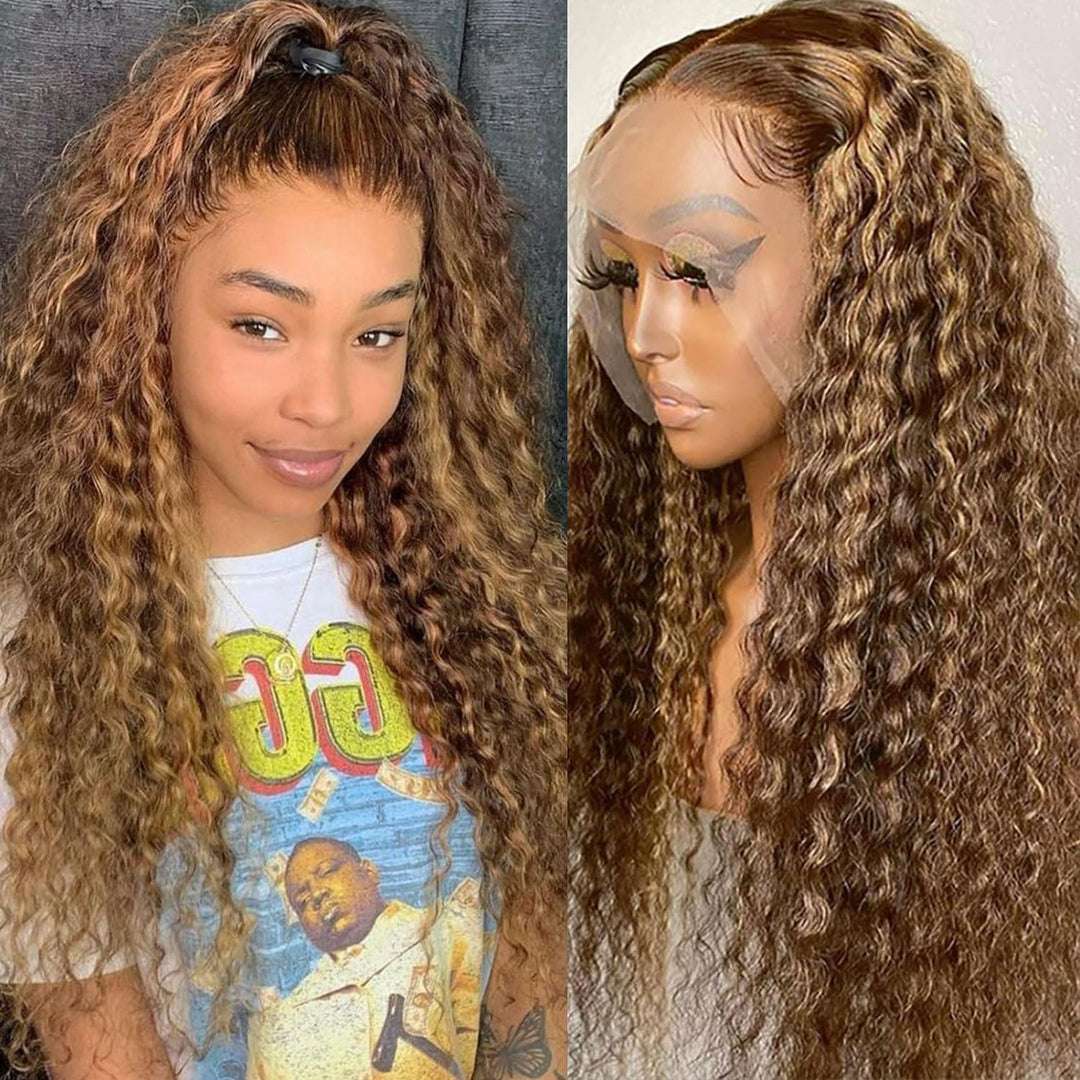 30-Inch Highlight Lace Front Wigs Human Hair 180% Density Deep Curly Ombre Honey Blonde 4/27 13X6 Hd Transparent Lace Front Wig