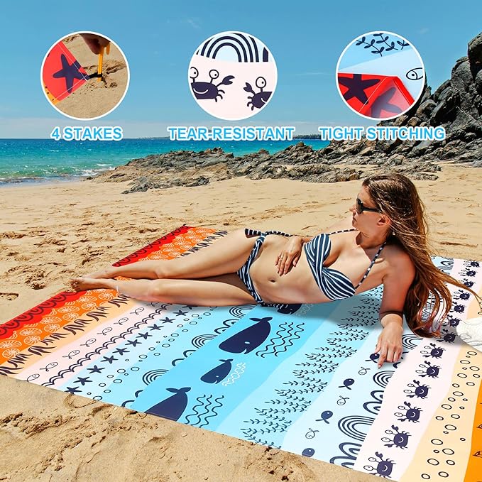 Beach Blanket, Sandproof Beach Mat 79" X 82" for 4-7 Adults, Large Waterproof Beach Blanket Quick Drying Lightweight Beach Blanket with 4 Stakes for Travel Camping Hiking (Sea World)