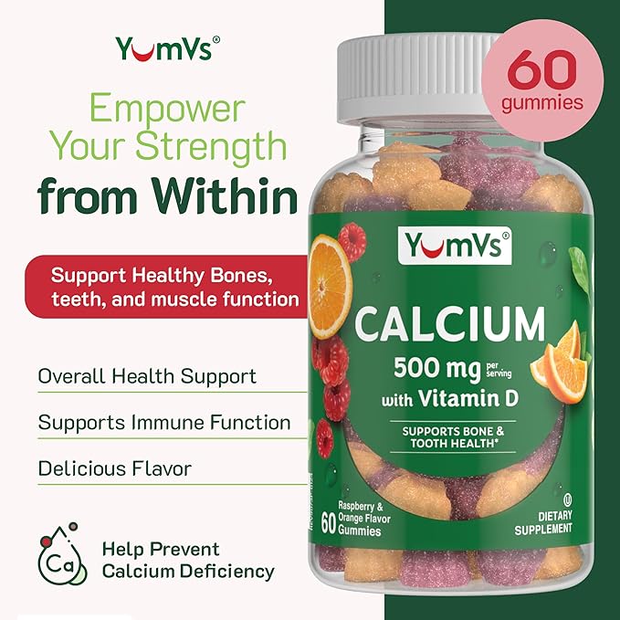 YumVs Calcium 500mg with Vitamin D3 - Raspberry & Orange Flavor Calcium Vitamin D Gummies, Chewable Calcium Supplement for Kids & Adults, Vitamin D Calcium Gummies (60 Count (Pack of 2))