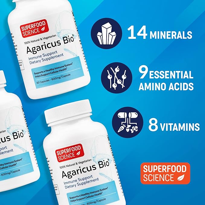 Agaricus Bio 600 mg Wellness Formula, Natural Killer Cell Activity -USA-Grown Organic Agaricus Blazei Murill Mushroom for Immune Support, Liver & Cellular Health, High Beta Glucan Supplements, 60 Caps