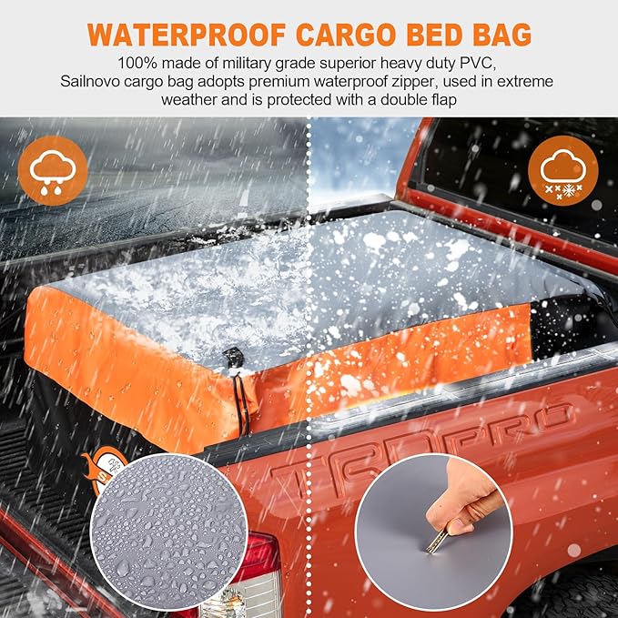 Sailnovo Truck Bed Cargo Bag, 26 Cubic ft 100% Waterproof Cargo Bag for Truck Bed, Heavy Duty PVC Truck Cargo Bag Fits Any Truck Size with 4 Stretch Cord, Packing Bag (50''x40''x22'')