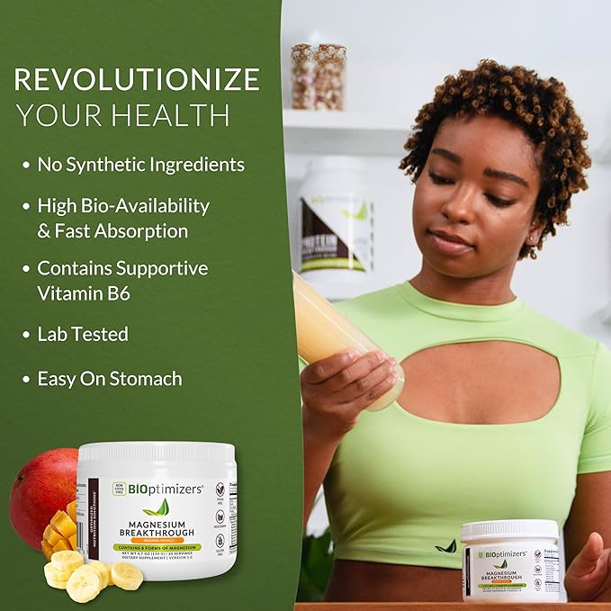 BIOptimizers Magnesium Breakthrough Drink Banana Mango - 8 Forms of Magnesium: Glycinate, Malate, Citrate, and More - Natural Sleep Supplement – 6 oz (30 Servings)
