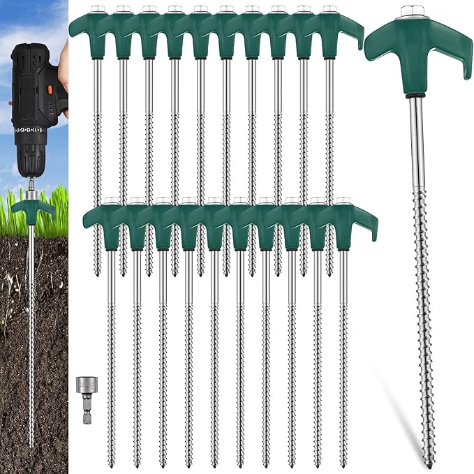 Hicarer 20 Pcs 8'' Screw in Tent Stakes Heavy Duty Ground Anchors Screw in Tent Pegs Ground Stakes Tent Spikes Metal Tent Spikes with Hex Head Driver for Camping Garden Canopies (Dark Green)
